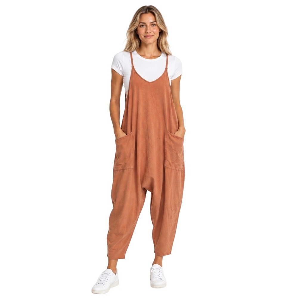 Free People FP Movement Hot Shot Jumpsuit Orange Clay XS Slouchy Harem Jumper